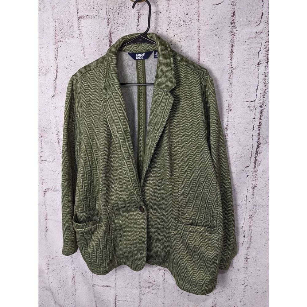 Lands' End Women's One Button Blazer Green Chevron Jacket Sz 2X 20W-22W